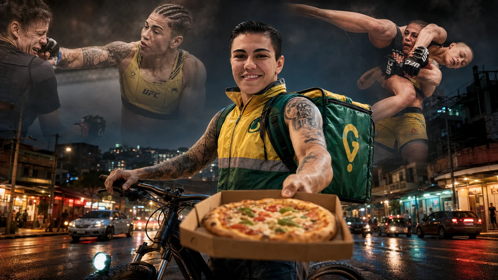 Un’atleta in recupero accanto a una bicicletta e a una borsa per le consegne fuori da una palestra